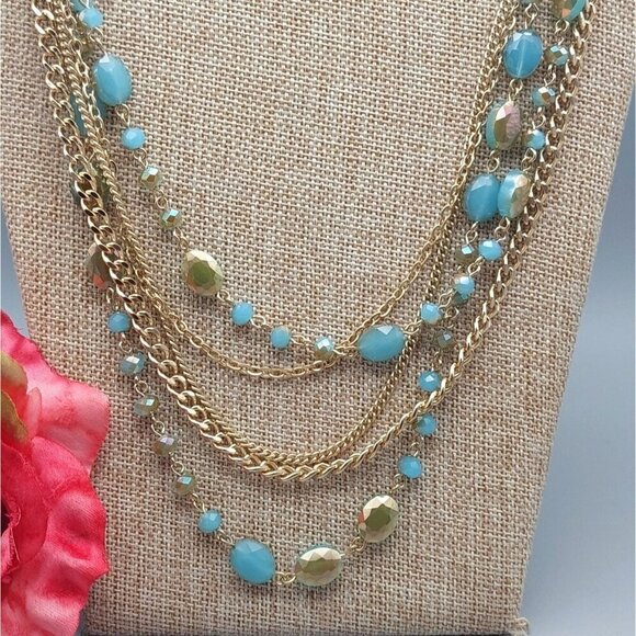 Premier Designs Gold Tone Multi Chain & Blue AB Wash Beaded Convertible Necklace - Picture 6 of 12